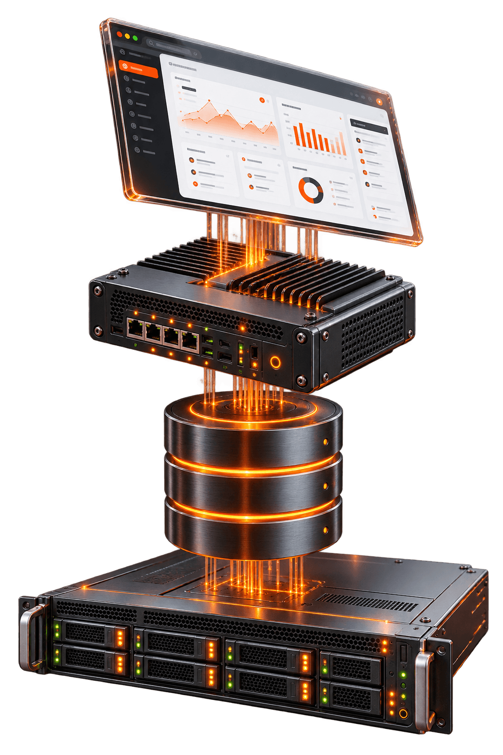 3D render of a software stack: a browser dashboard above an API server, a database, and a rack server, joined by orange data lines